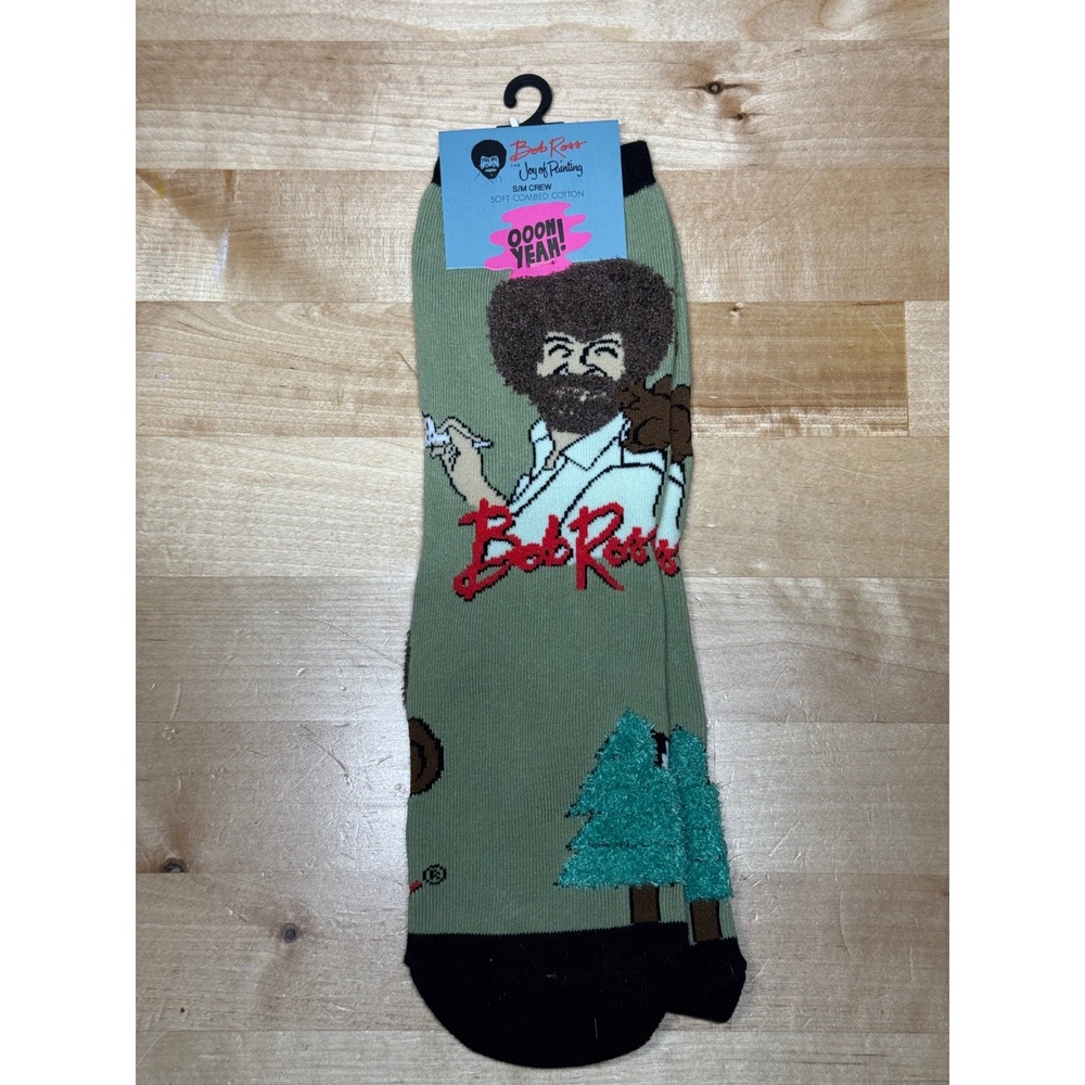 Oooh Yeah Bob Ross Joy of Painting S/M Crew Socks Sage Green Novelty WD20460C